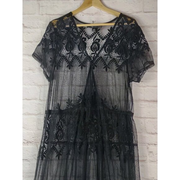 Colleen Lopez Sheer Lace Robe Coverup Lingerie 1X Black Femme Fatale Fairy Goth - Picture 6 of 9